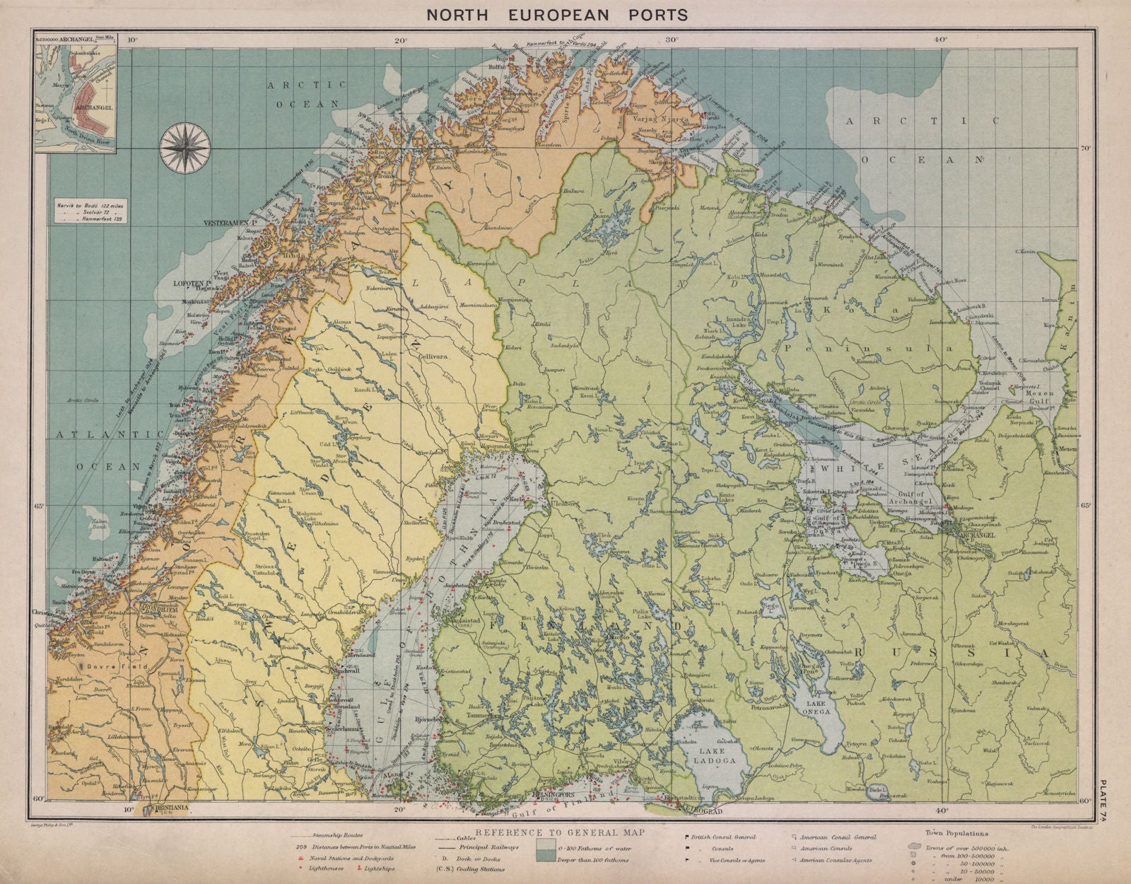 Scandinavia Russia sea chart. Ports lighthouses. Arctic Ocean Bothnia 1916 map